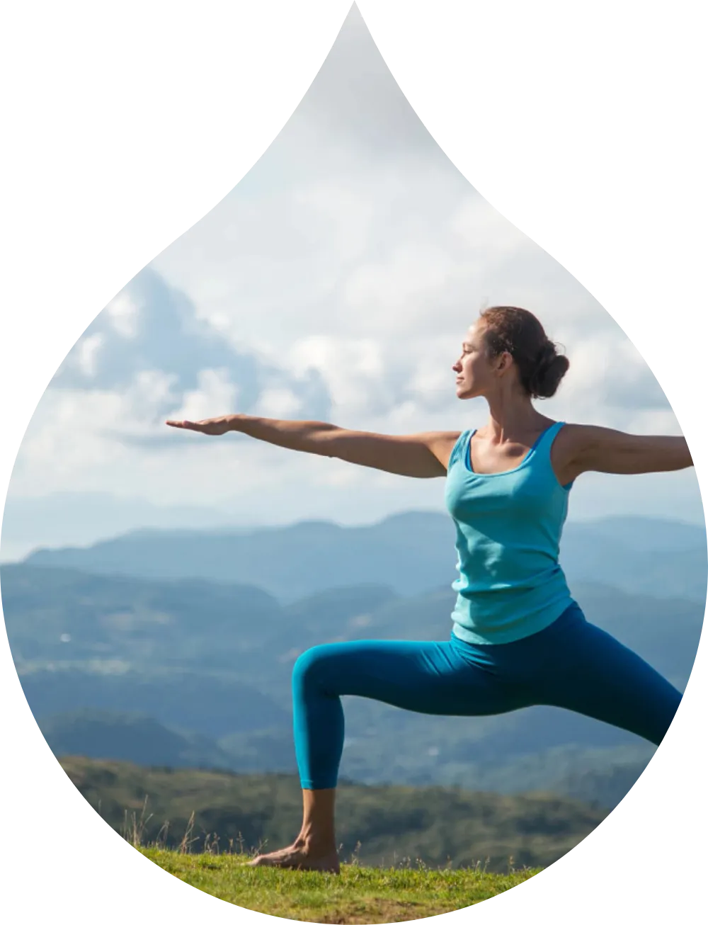 Acquia droplet graphic with digital key features image concept lifestyle woman yoga pose on hillside